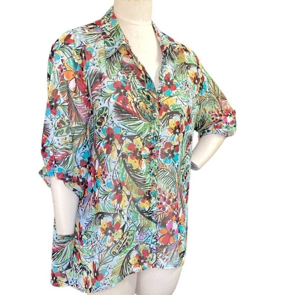 Quintessential Button-Up Roll Tab Sheer Floral Top XL 142L - Picture 3 of 8